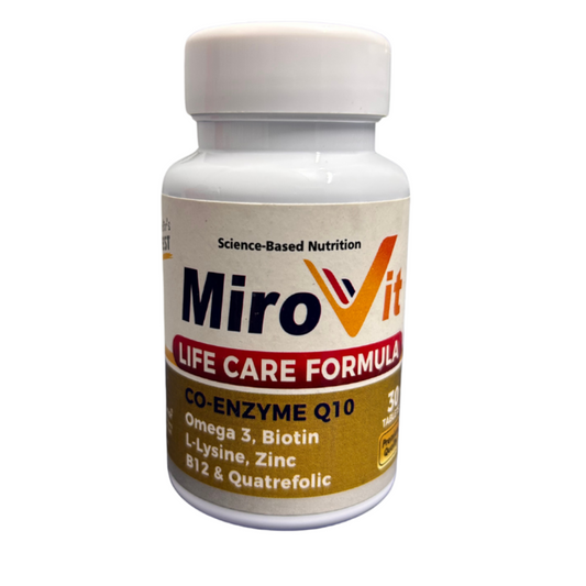 Mirovit Co-Enzyme Q10 with Omega 3, Biotin, L-Lysine, Zinc, B12 & Quatrefolic Tablets